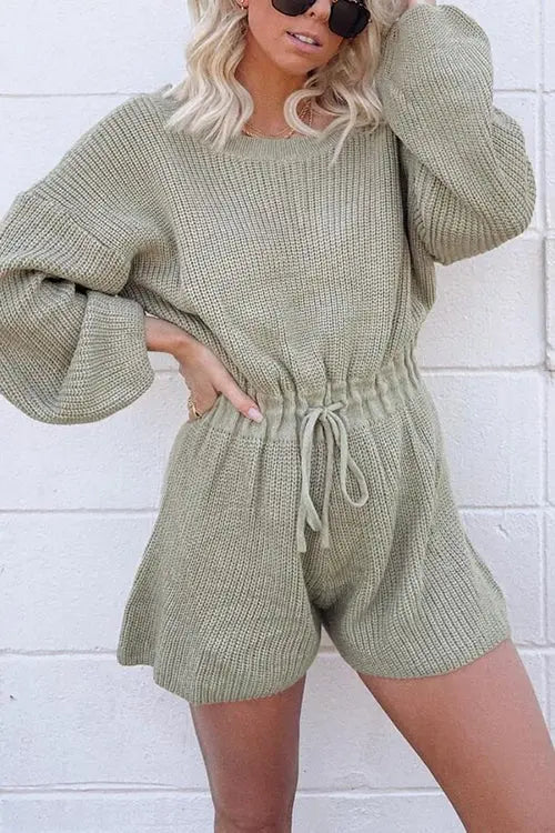 O Neck Puff Long Drawstring Sweater Romper - Fashionpara