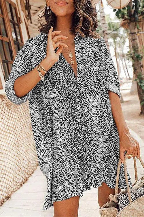 Leopard Button Shirt Mini Dress - Fashionpara