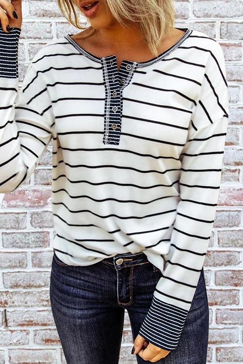Button Neck Stripe Long Sleeve T Shirt - Fashionpara