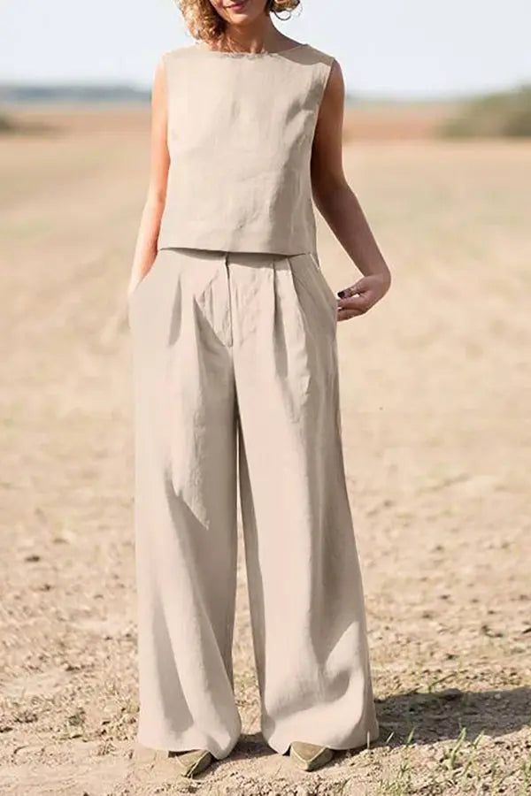 Solid Sleeveless Blouse Pants Set - Fashionpara