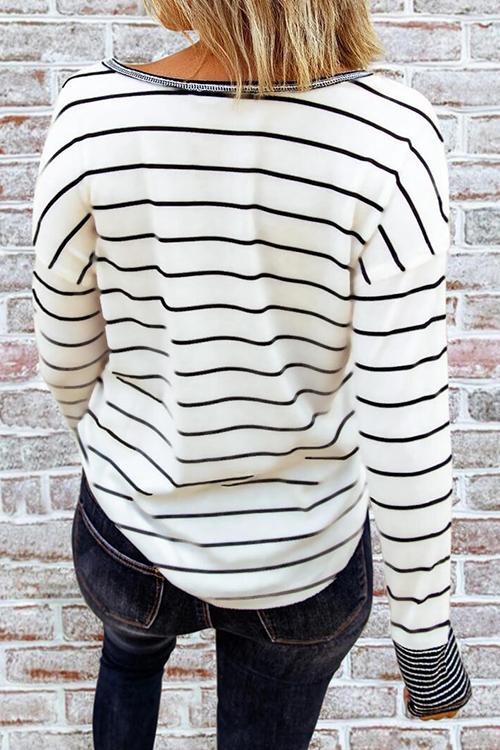 Button Neck Stripe Long Sleeve T Shirt - Fashionpara