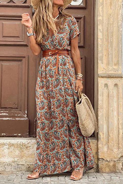 Print Short Sleeve Maxi Dress - Fashionpara