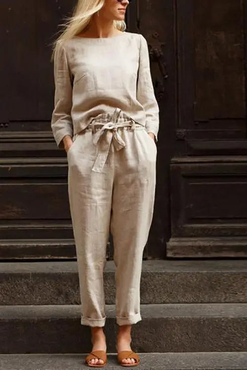 Linen O Neck Long Sleeve Pants Set - Fashionpara