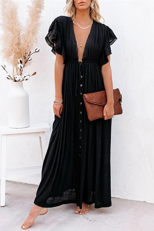 Button Drawstring Waist Bat Maxi Cover Dress - Fashionpara