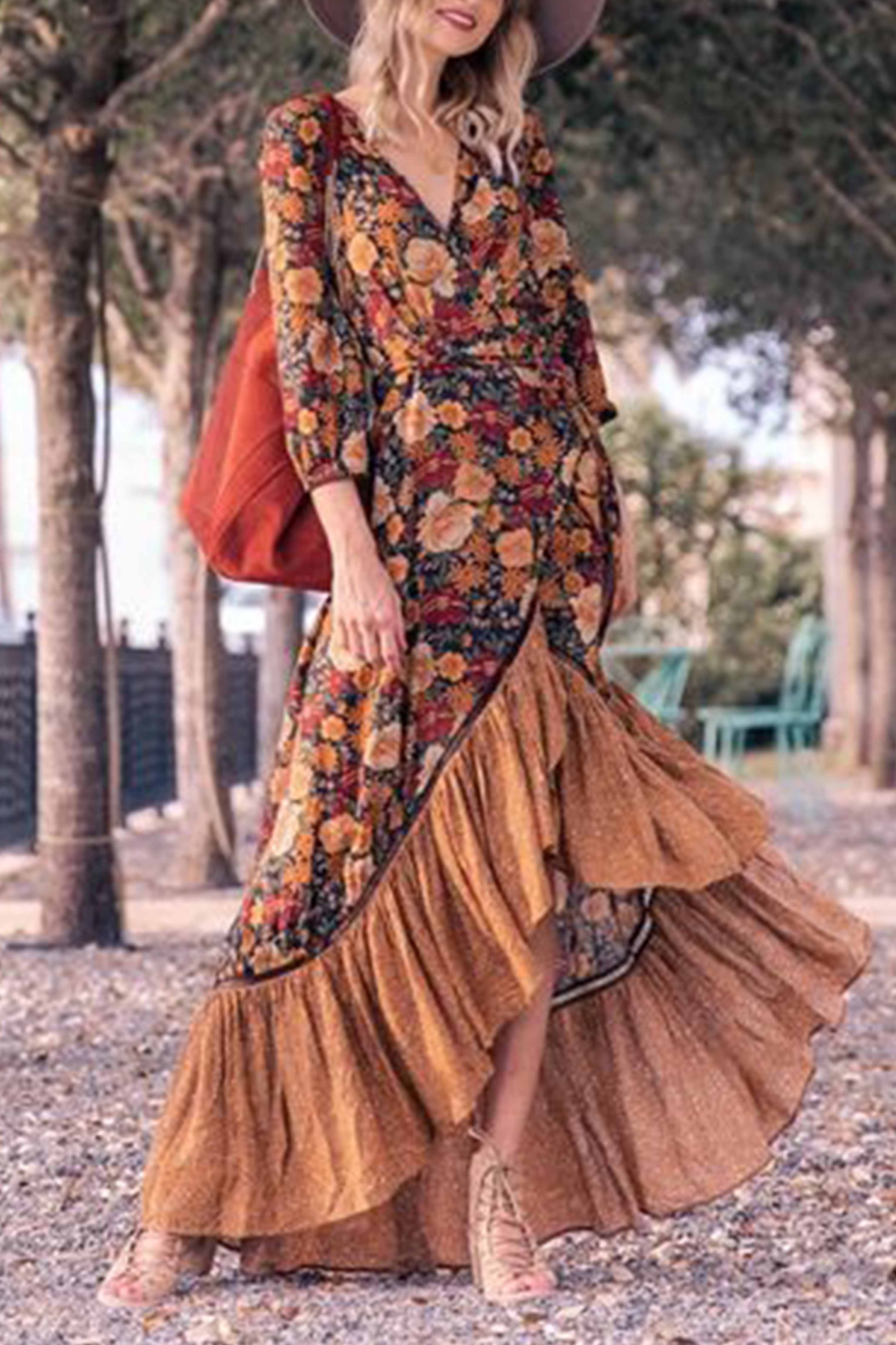 Florcoo Long Sleeve Print Retro Long Maxi Dress - Fashionpara