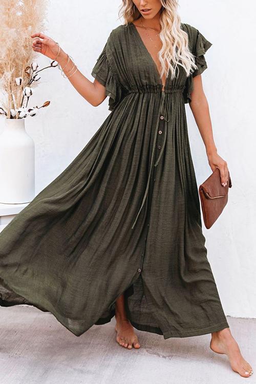 Button Drawstring Waist Bat Maxi Cover Dress - Fashionpara