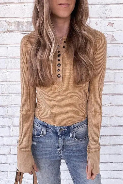 Knit Long Sleeve Button Henley - Fashionpara