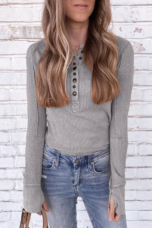 Knit Long Sleeve Button Henley - Fashionpara