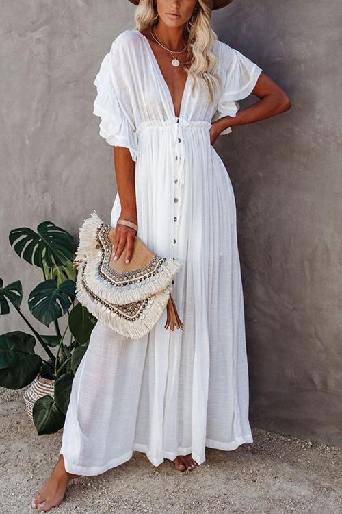 Button Drawstring Waist Bat Maxi Cover Dress Fashionpara