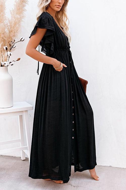 Button Drawstring Waist Bat Maxi Cover Dress Fashionpara