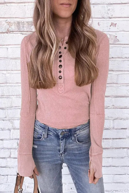 Knit Long Sleeve Button Henley - Fashionpara