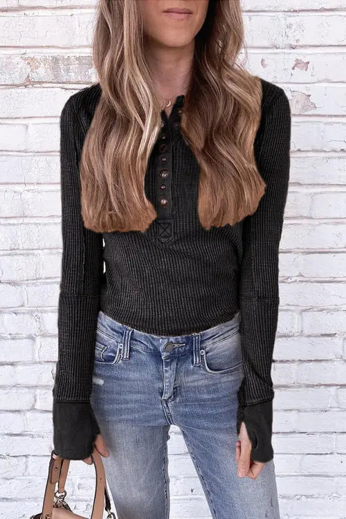 Knit Long Sleeve Button Henley - Fashionpara