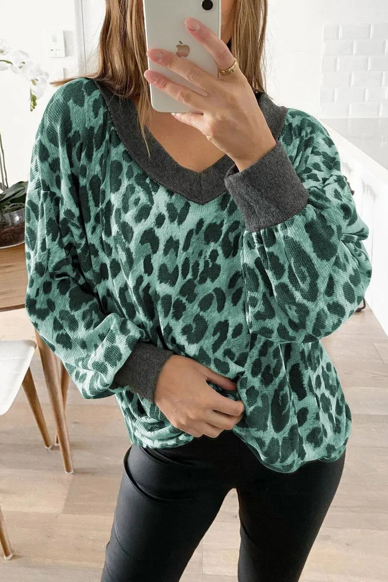 Leopard V Neck Long Sleeve T Shirt - Fashionpara