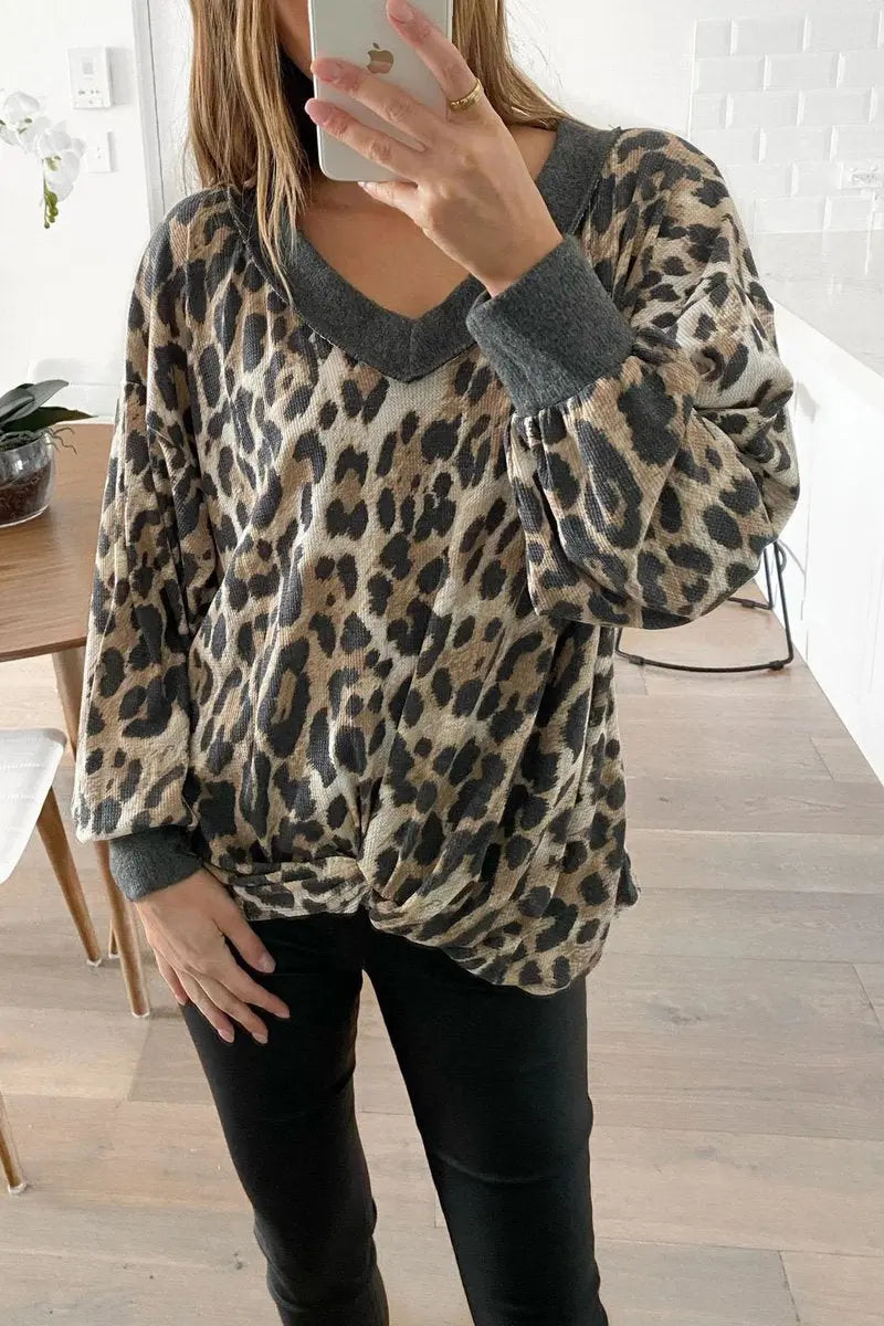 Leopard V Neck Long Sleeve T Shirt - Fashionpara