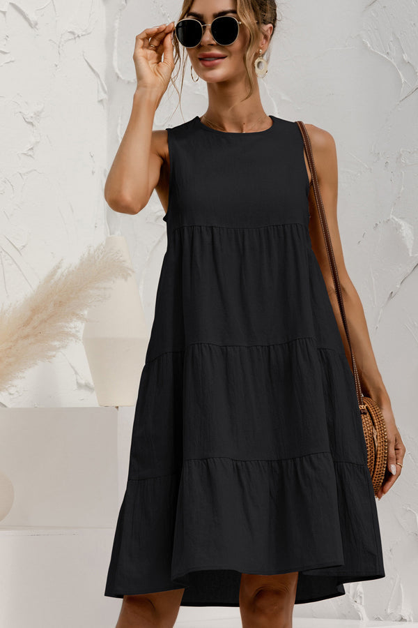 Round Neck Solid Ruched Sleeveless Mini Dress - Fashionpara