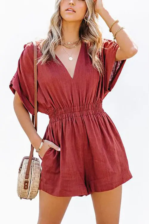 Any Occasion V Neck Bat Romper - Fashionpara