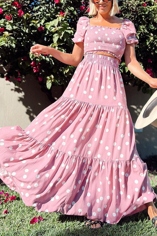 Dot Puff Sleeve Crop Maxi Skirts Set - Fashionpara