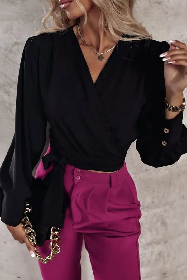 Surplice Puff Sleeve Wrap Blouse - Fashionpara