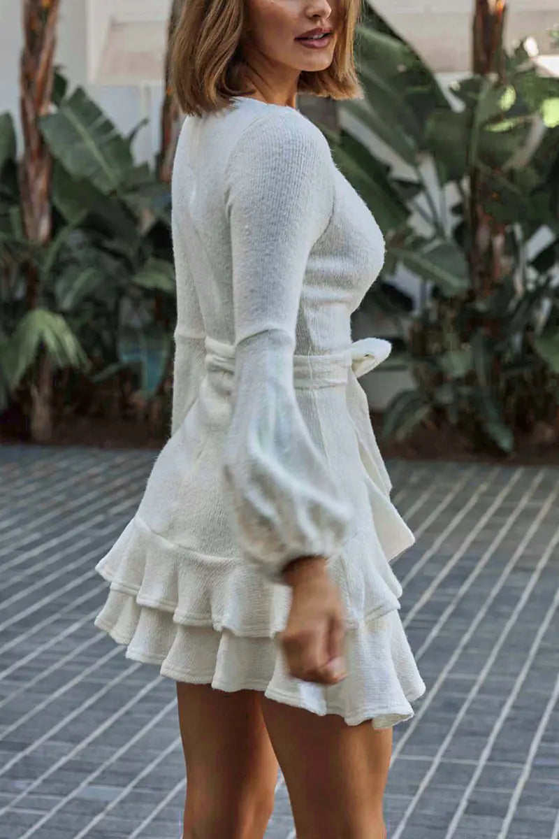 Long Sleeve Ruffle Wrap Knit Dress - Fashionpara