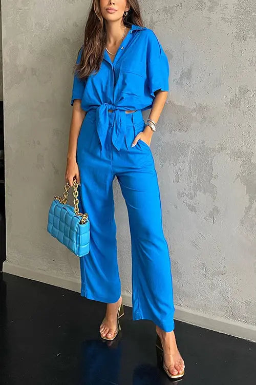 Button Kont Shirt Wide Leg Pants Set - Fashionpara