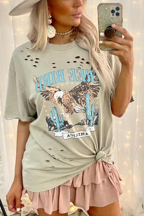 Distressed Free Bird Graphic Tee - Fashionpara