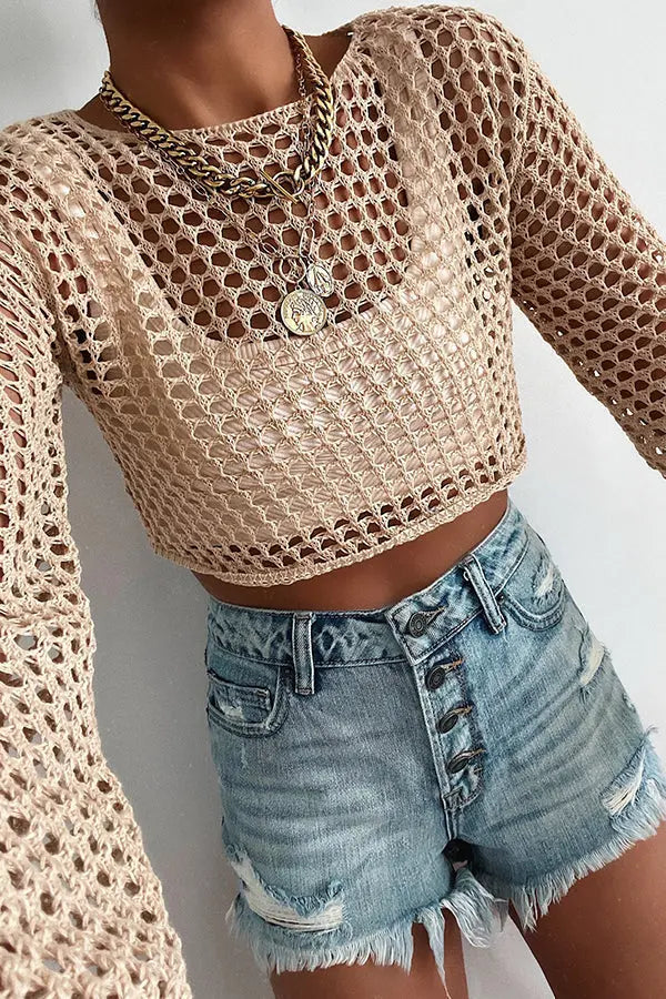 Sheer Logn Sleeve Crochet Crop Top - Fashionpara
