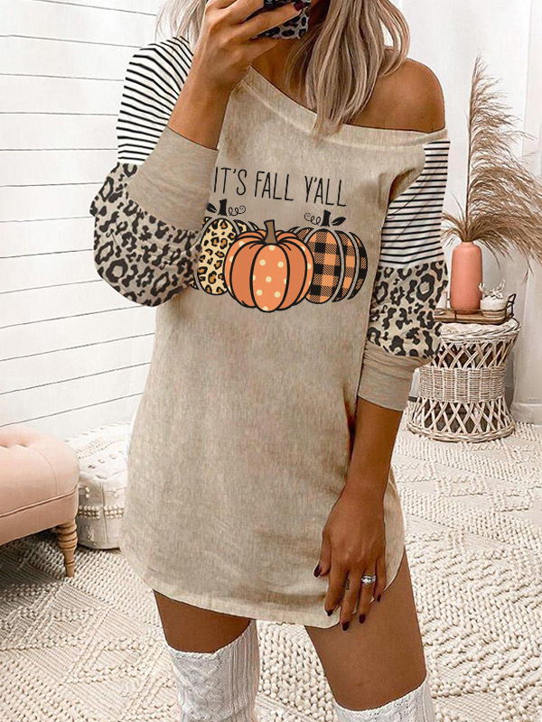 It's Fall Y'all Pumpkin Print Long Sleeve Mini Dress - Fashionpara