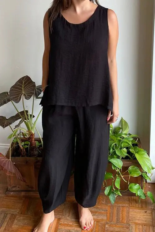Solid O Neck Tank Pants Set - Fashionpara