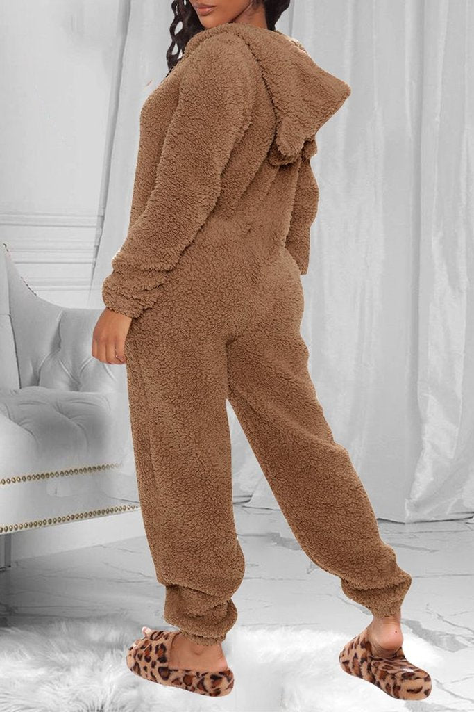 Fuzzy Hoodie Collar Jumpsuit Pajamas - Fashionpara