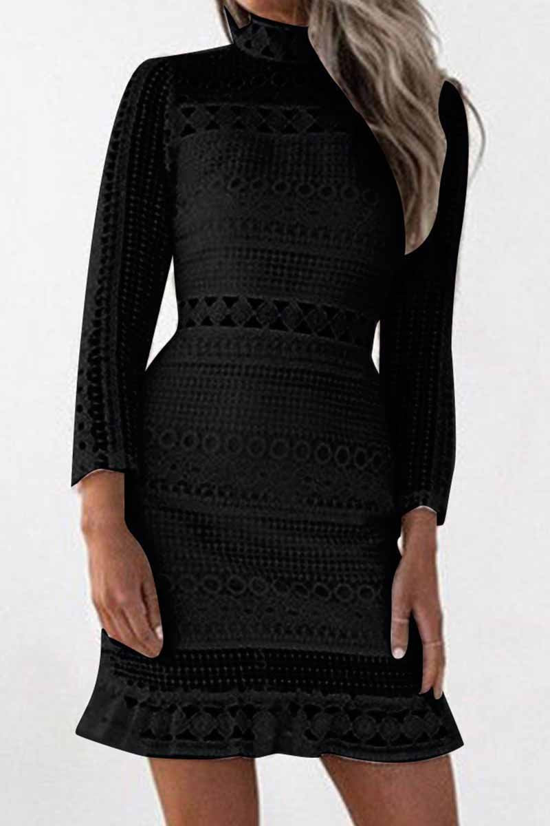 Florcoo Pure Color Sexy Hollow Lace High Collar Mini Dress(3 Colors) - Fashionpara