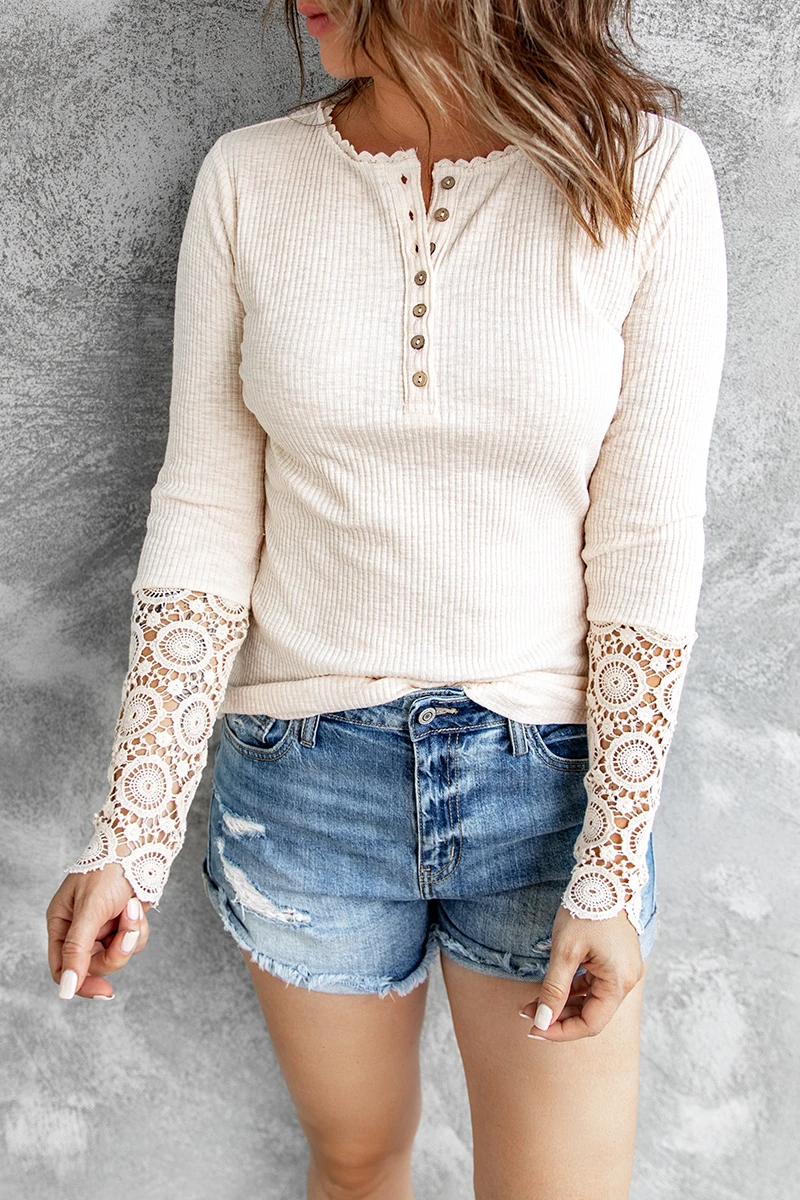 Button Lace Patchwork Long Sleeve T Shirt - Fashionpara