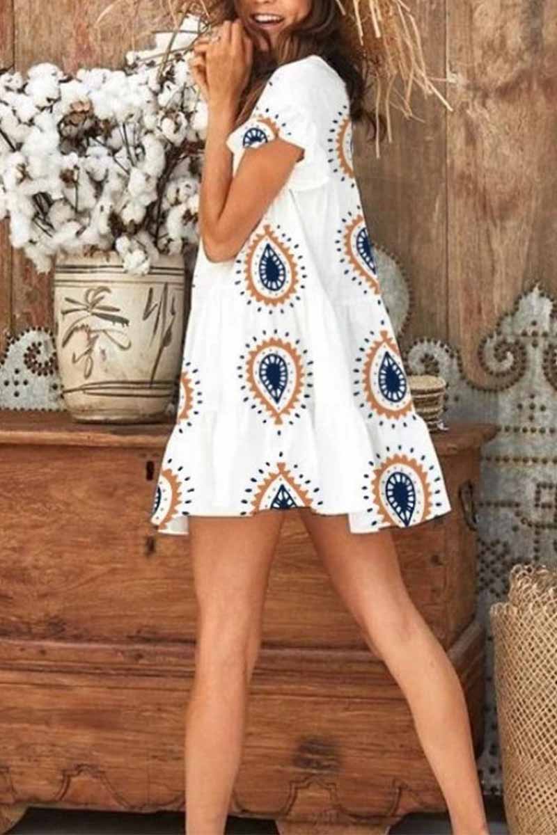 Florcoo Round Neck Print Water Drop Mini Dress - Fashionpara