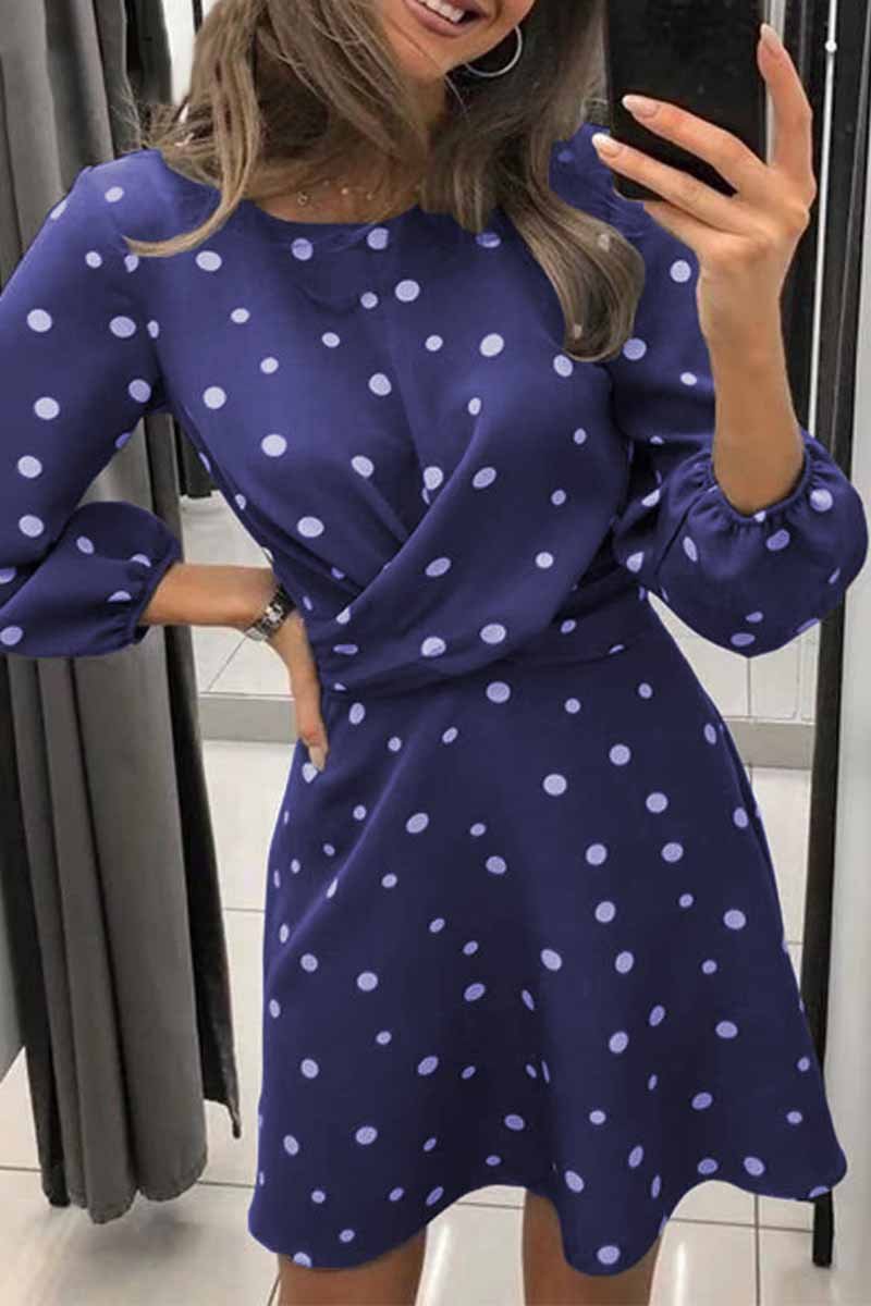 Florcoo Loose Round Neck Long Sleeve Polka Dot Mini Dress(4 Colors) - Fashionpara