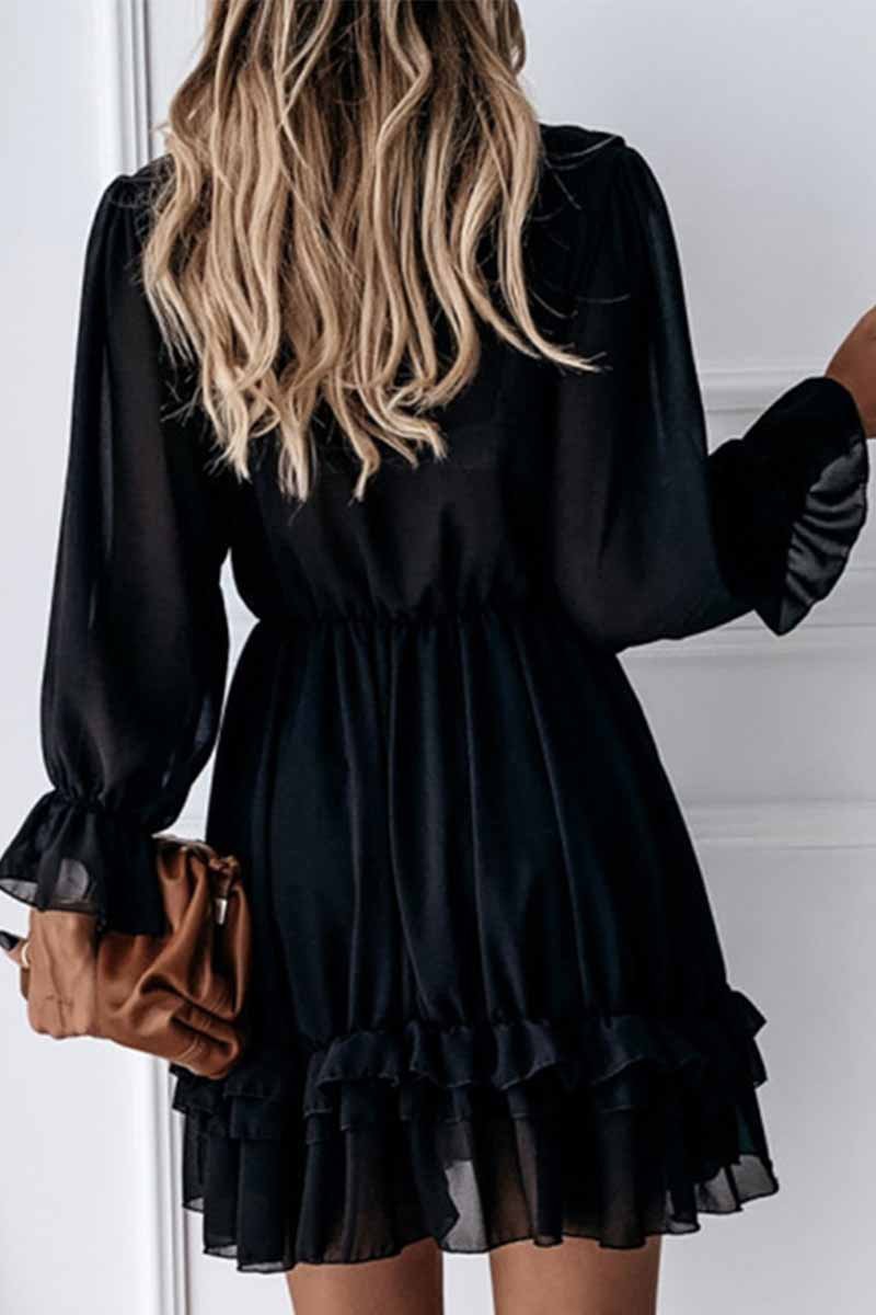 Florcoo Sexy Black Lace Puff Sleeve V-Neck Lace Mini Dress - Fashionpara