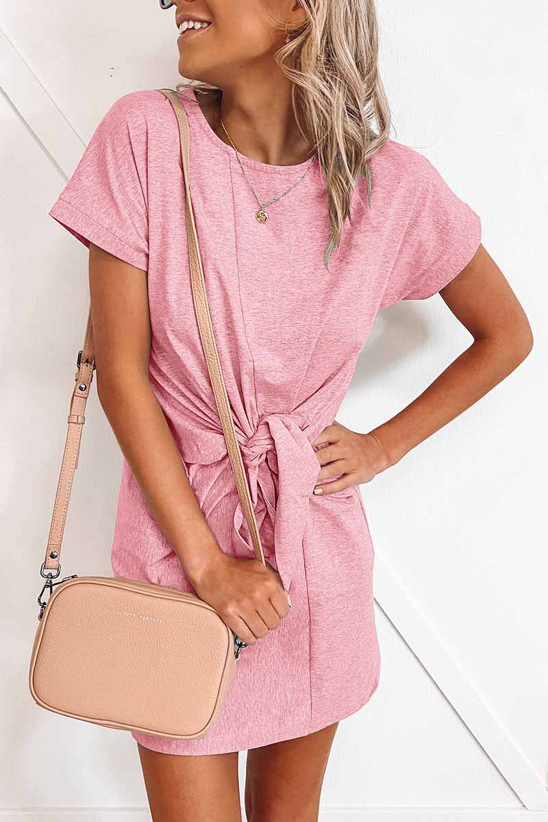 Florcoo Loose Tie Solid Color Short Sleeves Mini Dress(6 colors) - Fashionpara