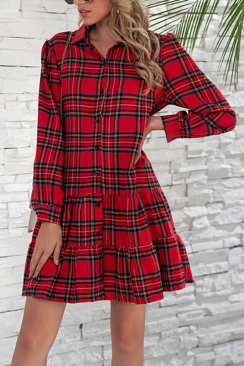 Florcoo Plaid Shirt Long Sleeve Single Dress - Fashionpara