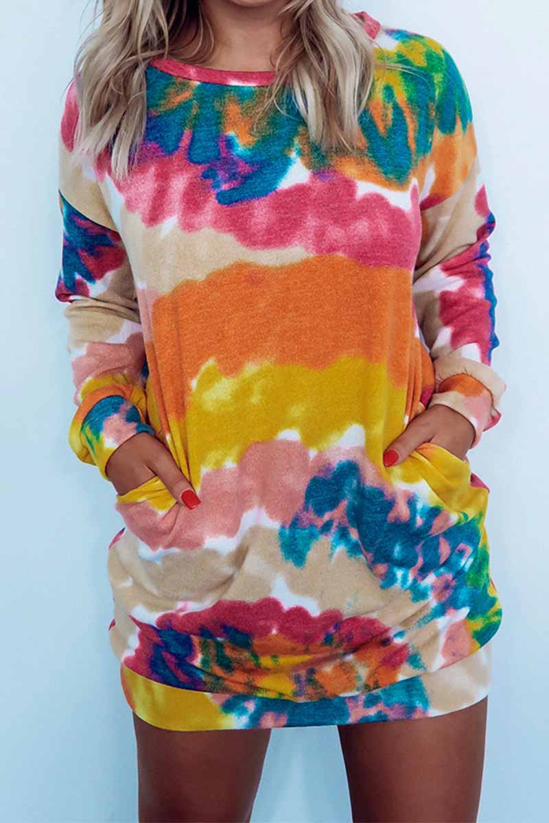 Florcoo Round Neck Pullover Tie-Dye Printing Mini Dress - Fashionpara