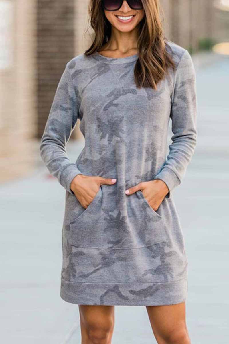 Florcoo Casual Loose Round Neck Camouflage Mini Dress - Fashionpara