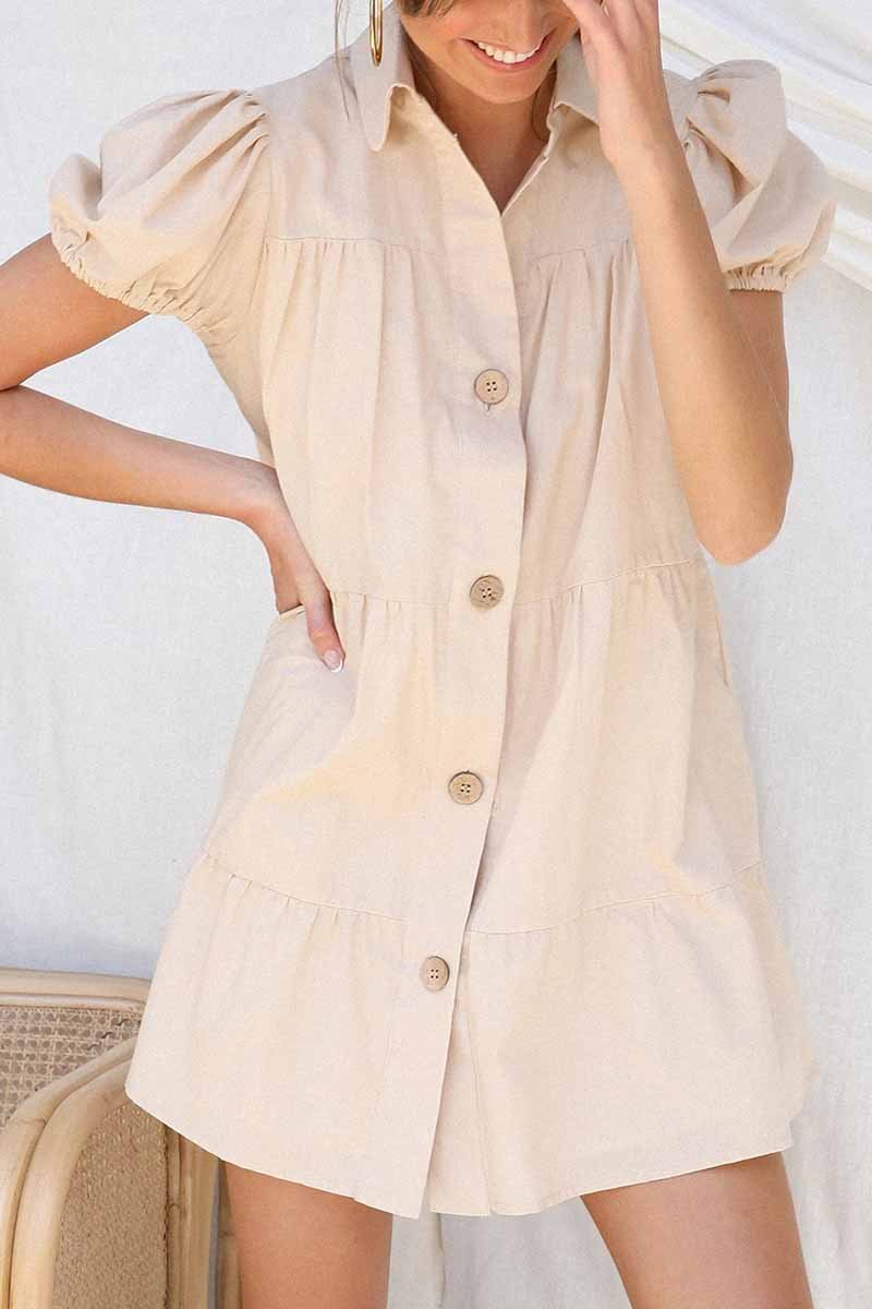 Florcoo Loose Lantern Sleeve Pleated Single Breasted Mini Dress - Fashionpara