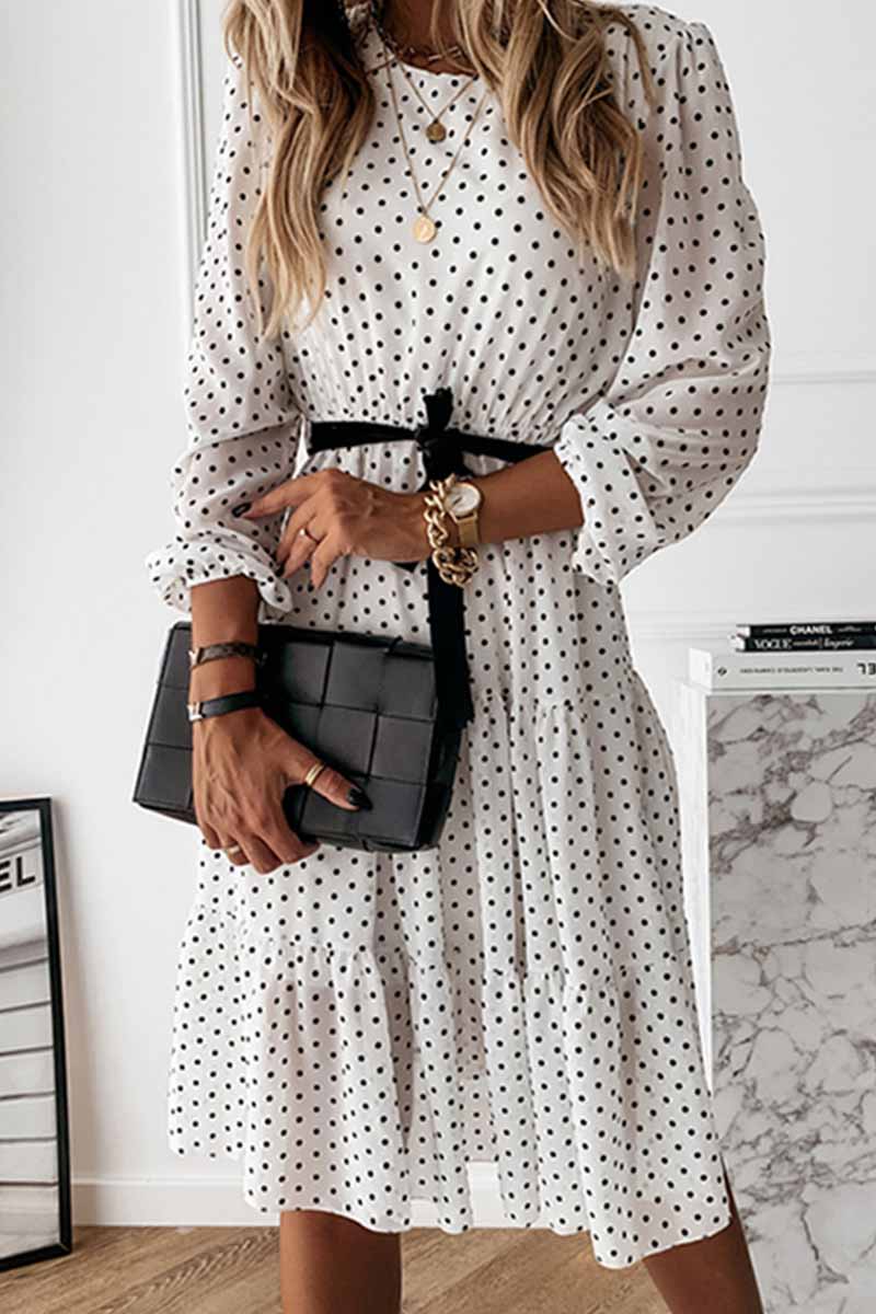 Florcoo Elegant White Black Dot Print Round Neck Tie Midi Dress - Fashionpara