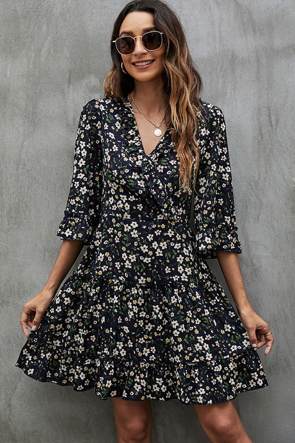 V Neck Half Sleeve Floral Print Mini Dress - Fashionpara