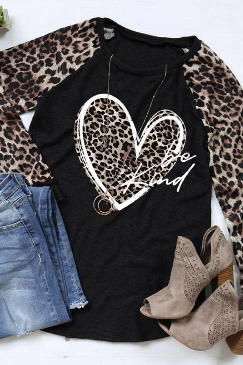Valentine Leopard Heart Be Kind Blouse - Black - Fashionpara