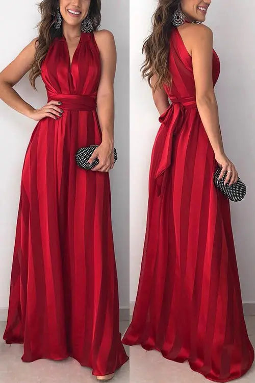 Stripe V Neck Belted Sleeveless Maxi Dress - Fashionpara