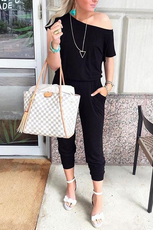 One Shoulder Short Sleeve Jumpsuit - Fashionpara