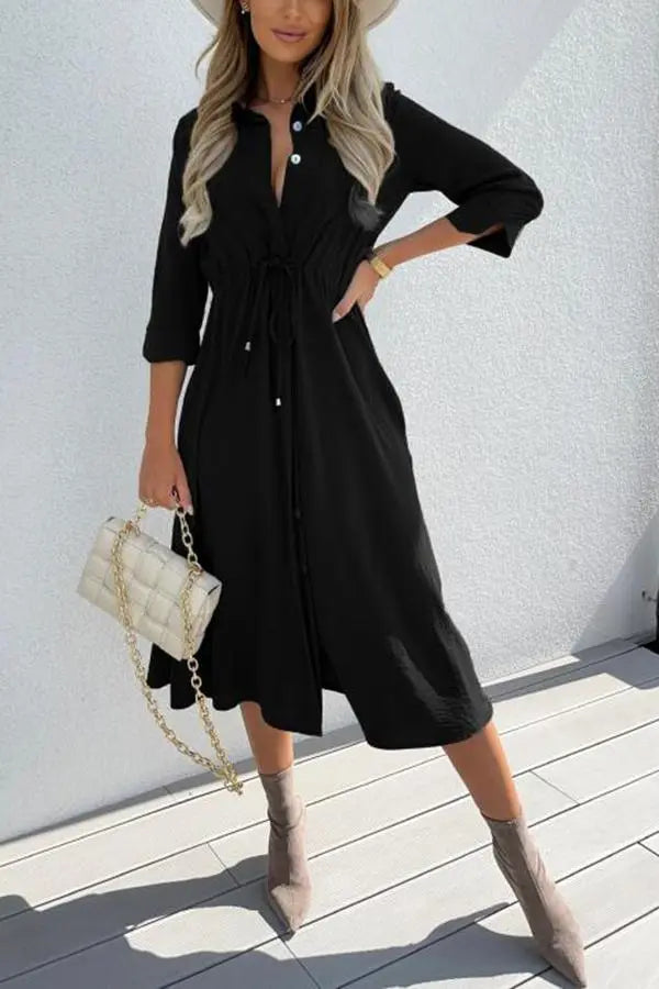 Drawstring Waist Button Midi Dress - Fashionpara