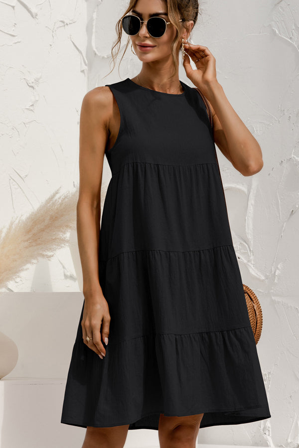 Round Neck Solid Ruched Sleeveless Mini Dress - Fashionpara