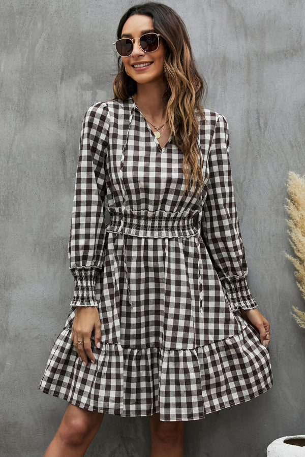 Fashion Plaid Print Rulle Hem Mini Dress - Fashionpara