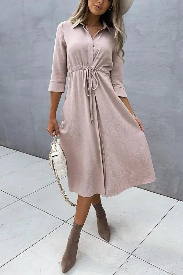 Drawstring Waist Button Midi Dress - Fashionpara