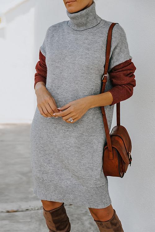 Color Block Turtleneck Sweater Dress - Fashionpara