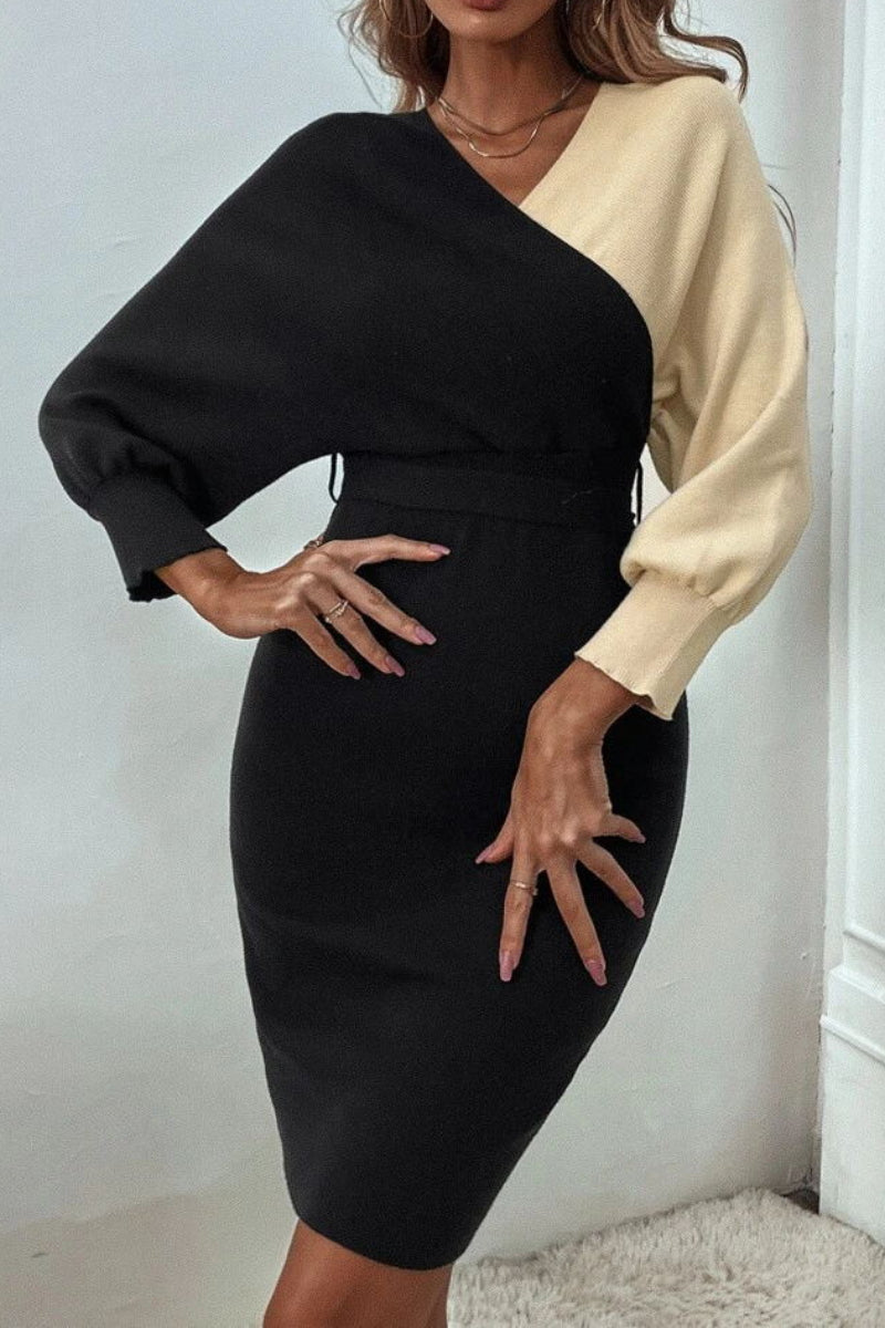 Colorblock Batwing Sleeve Belted Sweater Dress - Fashionpara